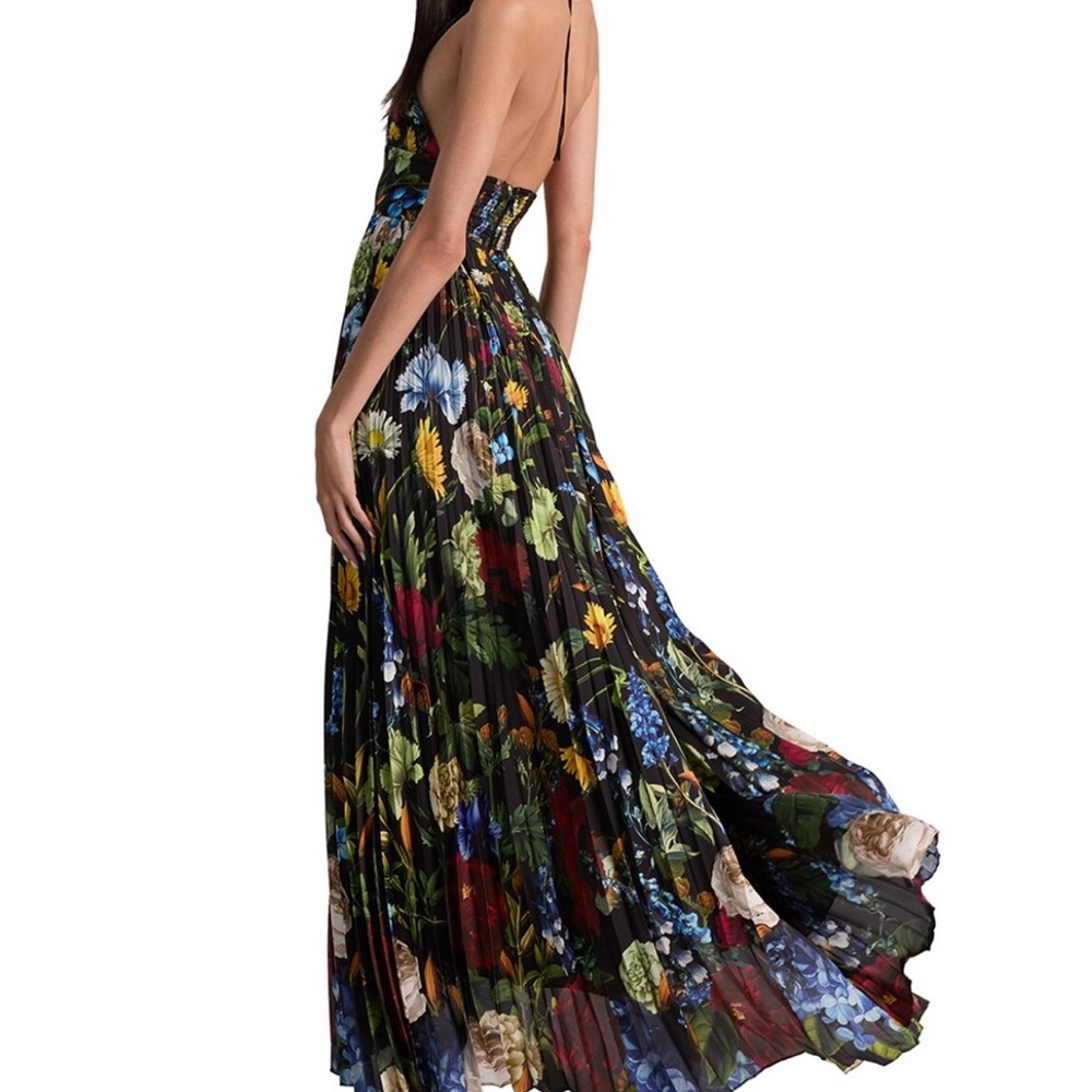 Alice + Olivia Hannah Deep V Black Floral Halter Maxi Dress with Thigh Slit - Picture 2 of 5